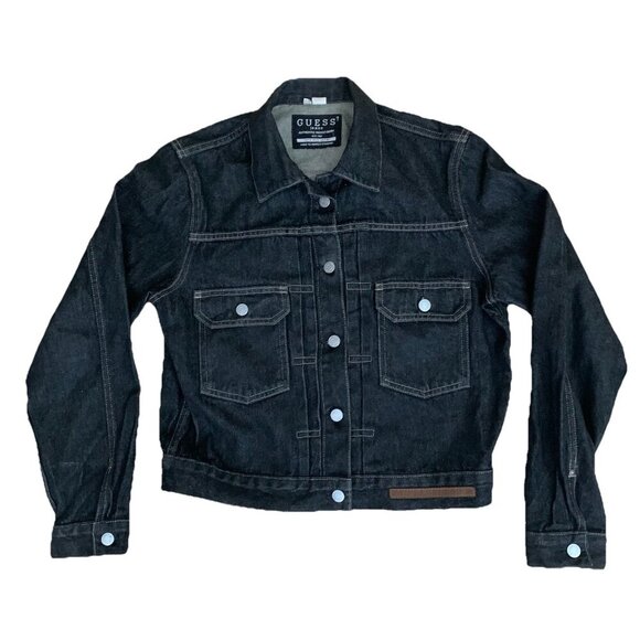 Guess USA Jeans Denim Trucker Jacket Retro 90s Black Women’s XL Button - Picture 1 of 14